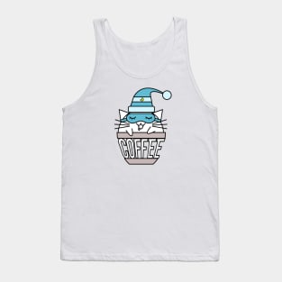 Cat in coffee cup with warped text sleeping blue Tank Top